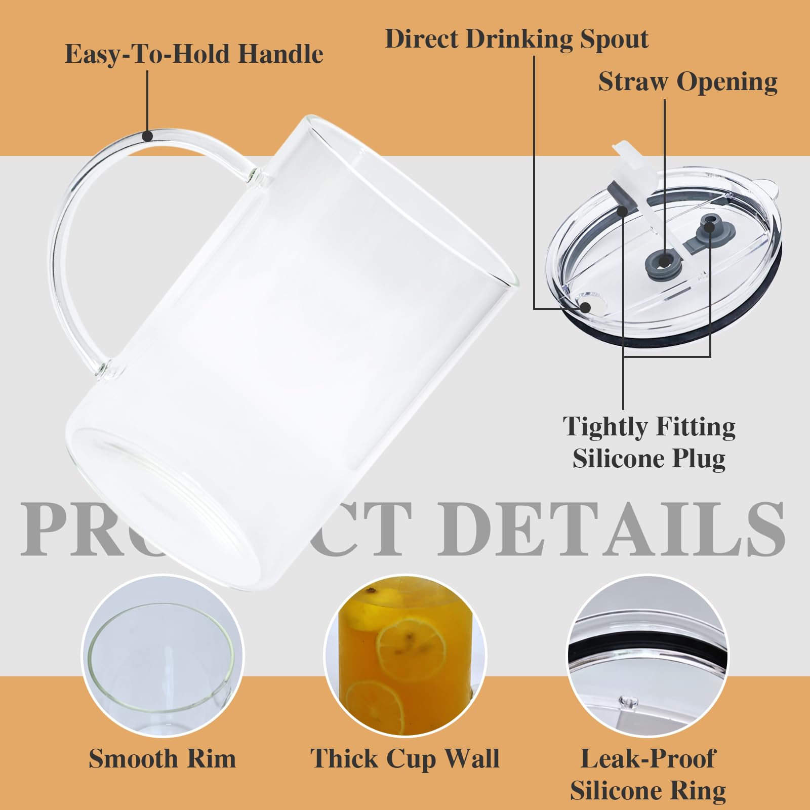 SIPBYSOP 34 oz Glass Tumbler With Handle,Clear Cup With Straw And Lid 34 oz, Borosilicate,Stainless Steel Straw,Large Capacity