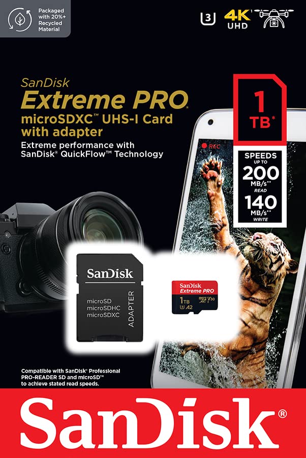 SanDisk Extreme PRO microSDXC UHS-I Memory Card 1 TB + Adapter & RescuePRO Deluxe (for Smartphones, Action Cameras or Drones, A2, Class 10, V30, U3, 200 MB/s Transfer)
