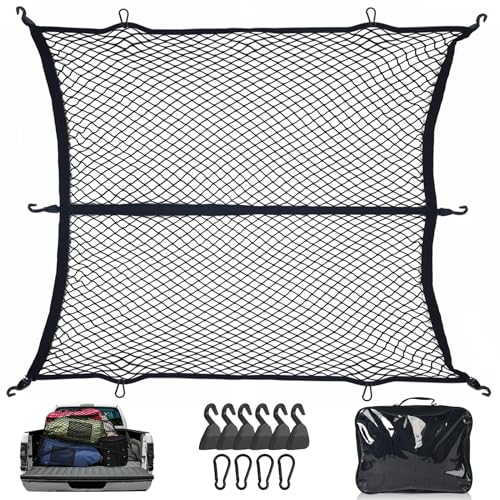 Cargo Net for Pickup Truck Bed,Truck Bed Net,Stretchable Mesh Organizer for Pickup Trunk Bed,Truck Cargo Net with 4 Pcs Metal Carabiner Clips and 4 Hooks，Suitable for Daily Light Loads of Trucks SUV