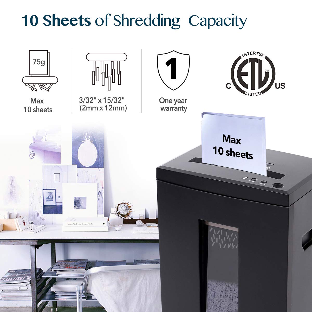 WOLVERINE 10-Sheet Super Micro Cut High Security Level P-5 Heavy Duty Paper/CD/Card Ultra Quiet Shredder for Home Office by 40 Mins Running Time and 6 Gallons Pullout Waste Bin SD9112 (Black ETL)