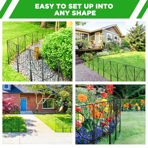 UIRWAY 10 Panels Garden Fences and Borders, Total 10.8ft(L) x 24in(H) Decorative Garden Fence with Leaf Pattern, Rustproof Metal Rabbit Fence for Garden, Small Garden Edging Fence for Outdoor