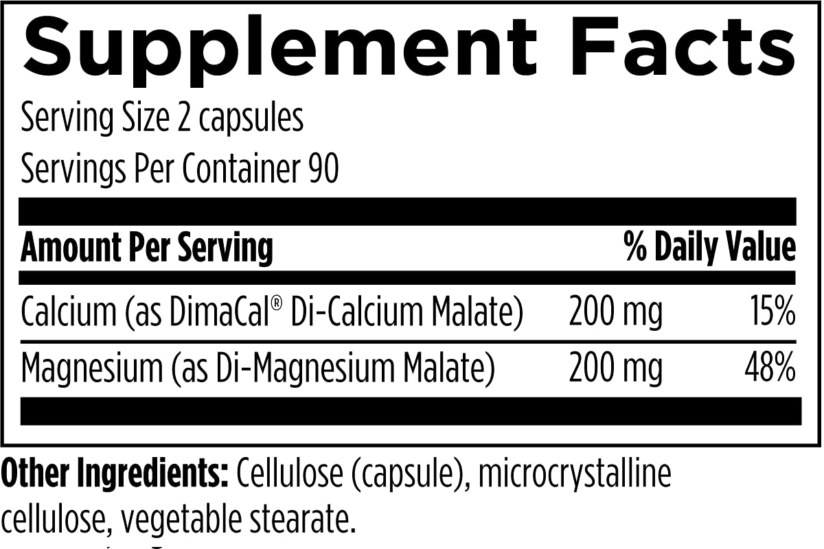 Designs for Health Cal/Mag 1:1-200mg Chelated Magnesium Malate + 200mg Calcium Malate Supplement - Non-GMO, Highly Absorbable Bone Support Nutrients (180 Capsules)