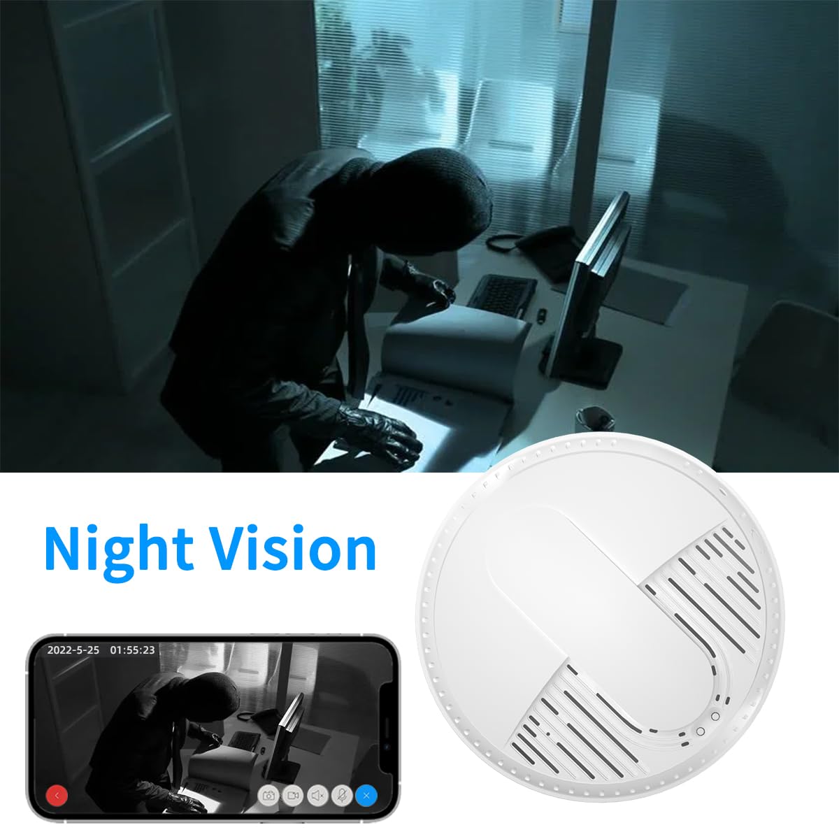 LIZVIE Smoke Detector Camera, HD 1080P WiFi Camera with Night Vision and Motion Detection Surveillance Camera for Home/Office Security