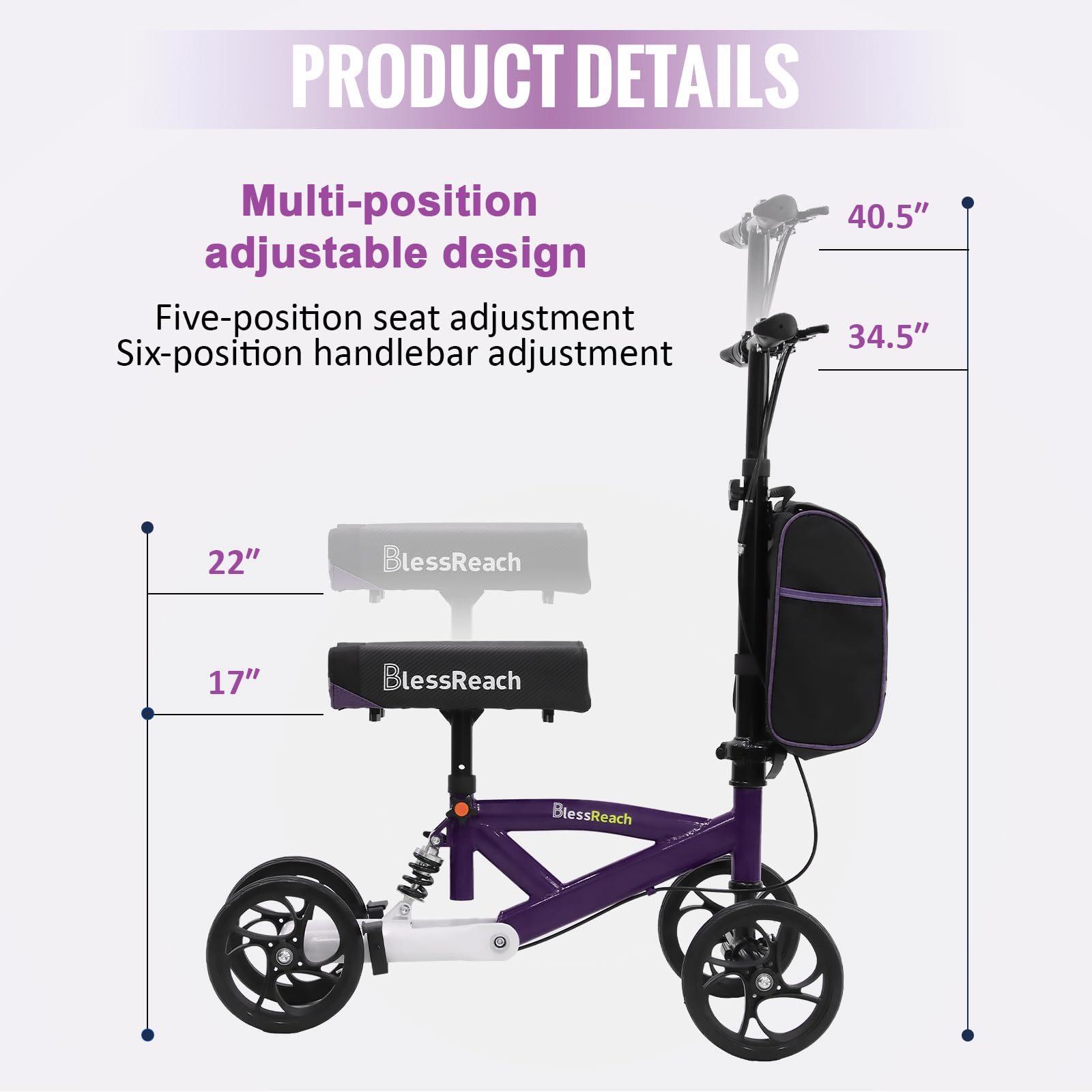 BlessReach Steerable Knee Walker Deluxe Medical Scooter for Foot Injuries Compact Crutches, with Dual Rear on-Wheel Brake and Shock Absorption Under The Knee pad（Purple）