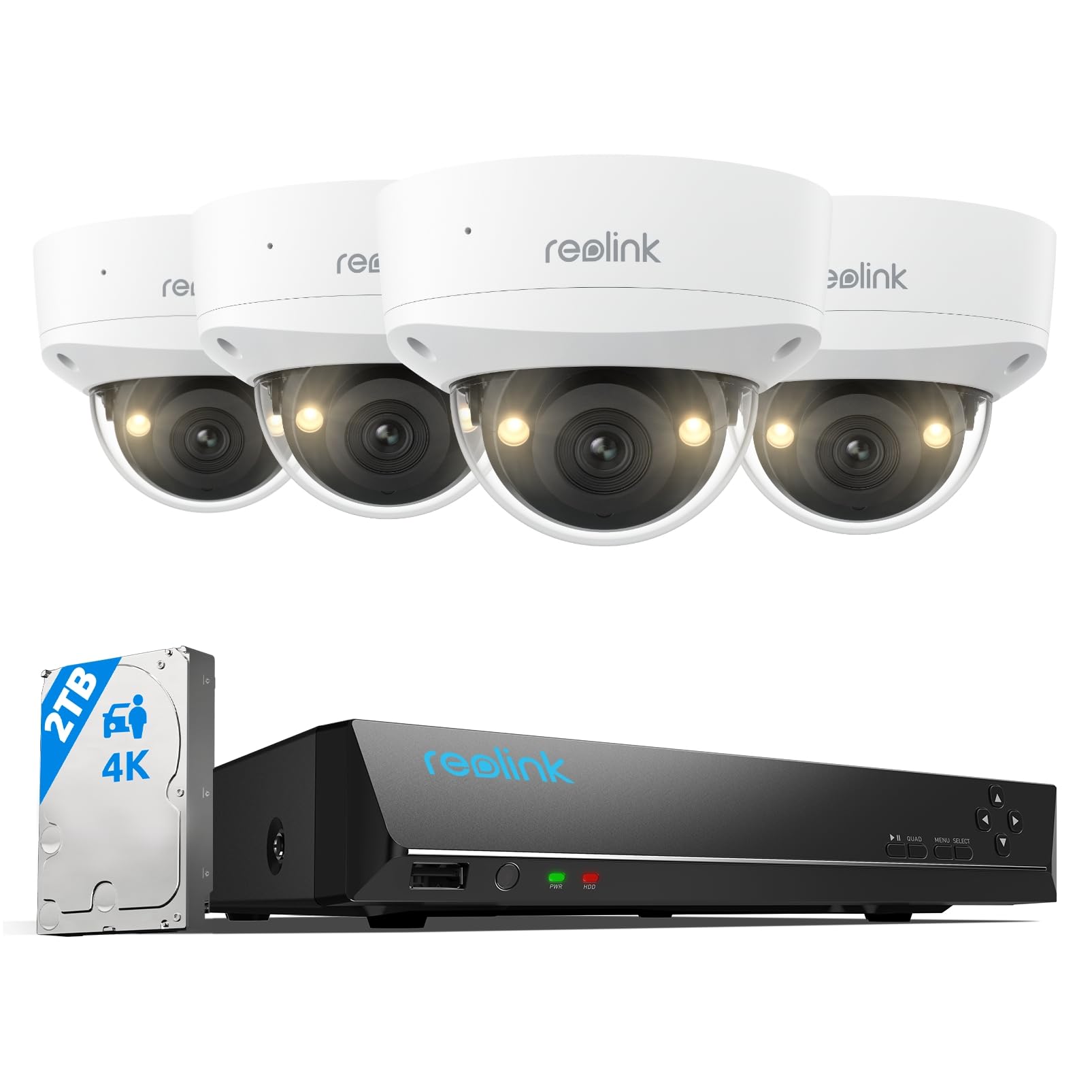 REOLINK 4K Security Camera System, 4pcs 4K UHD IK10 Vandalproof PoE Surveillance Cams Wired Outdoor, 8CH NVR 2TB HDD, Color Night Vision, Smart Detection, 2-Way Audio, IP67 Weatherproof, RLK8-800V4