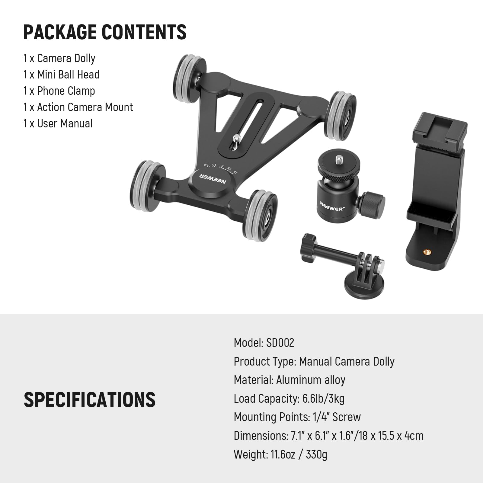 NEEWER Camera Slider Dolly with 360° Ball Head/Phone Clamp/Action Camera Mount Adapter, 4 Wheel Manual Dolly for ±30° Circular/Linear Movement, Compatible with GoPro Insta360 iPhone Android, SD002