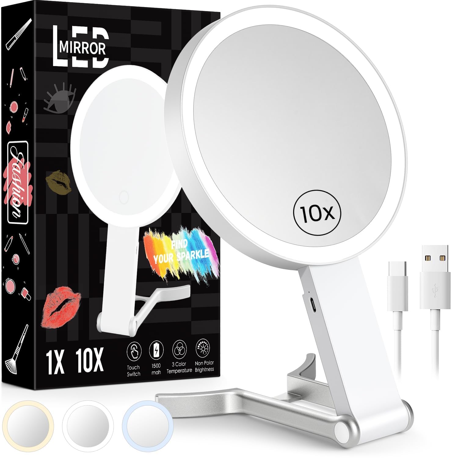 Travel Makeup Mirror with Lights, Rechargeable 10X/1X Double Sided Magnifying Mirror with 3 Color Light Modes, Dimmable Portable LED Mirror Gifts for Women Girls Desktop Hanging Handheld (White)