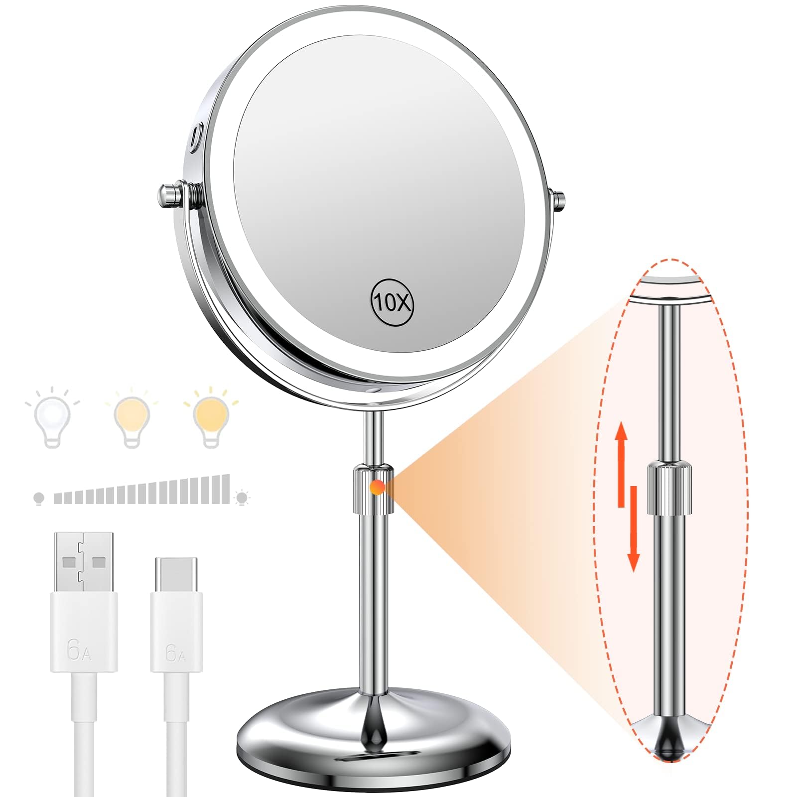 Benbilry Lighted Makeup Mirror with 10X Magnification & 3 Color Lights, Adjustable Brightness & Height, 7 Inch 360° Swivel Rechargeable LED Magnifying Mirror Make Up Mirror with Lighting (Silver)