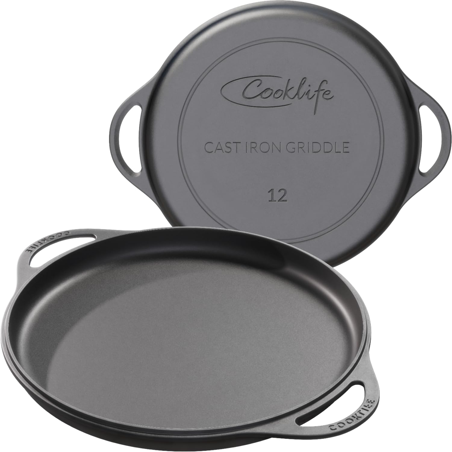 COOKLIFE 12 Inch Smooth Cast Iron Griddle with Pan Scraper and Mesh Dish Scrubber, Round Pre-Seasoned Griddle Pan for Stove Top, Dishwasher & Oven Safe Pizza Pan