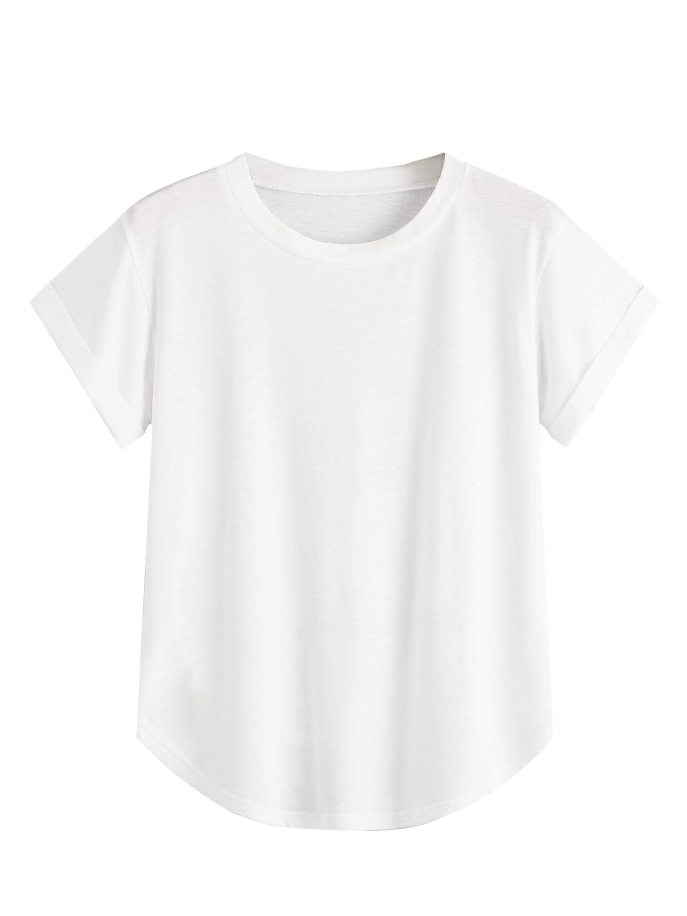 Milumia Women's Basic T Shirt Round Neck Short Sleeve Rolled Cuff Curved Hem Casual Tunic Tops White Small