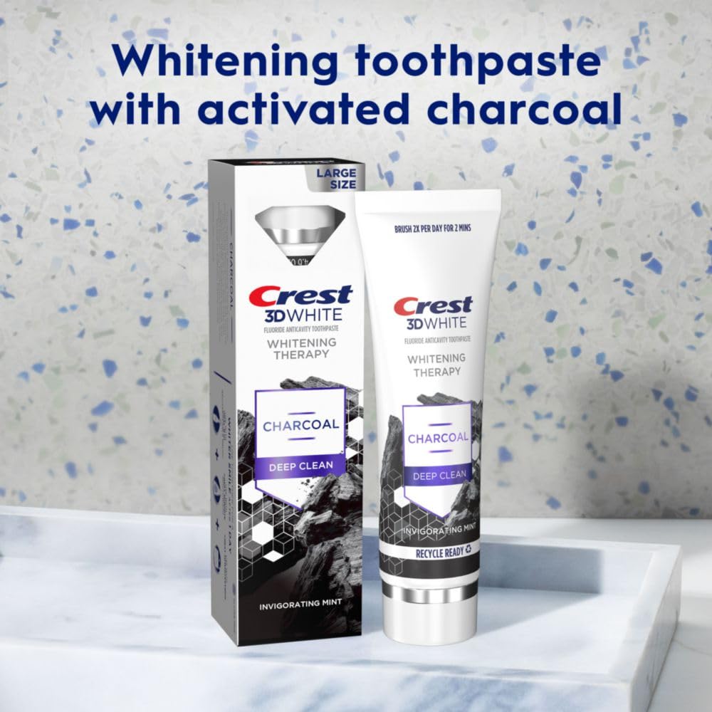 Crest 3D White Whitening Therapy Charcoal Deep Clean Invigorating Mint Teeth Whitening Toothpaste, 4.6 oz Pack of 3, Anticavity Fluoride Toothpaste, Gently Brightens Teeth, Strengthens Enamel