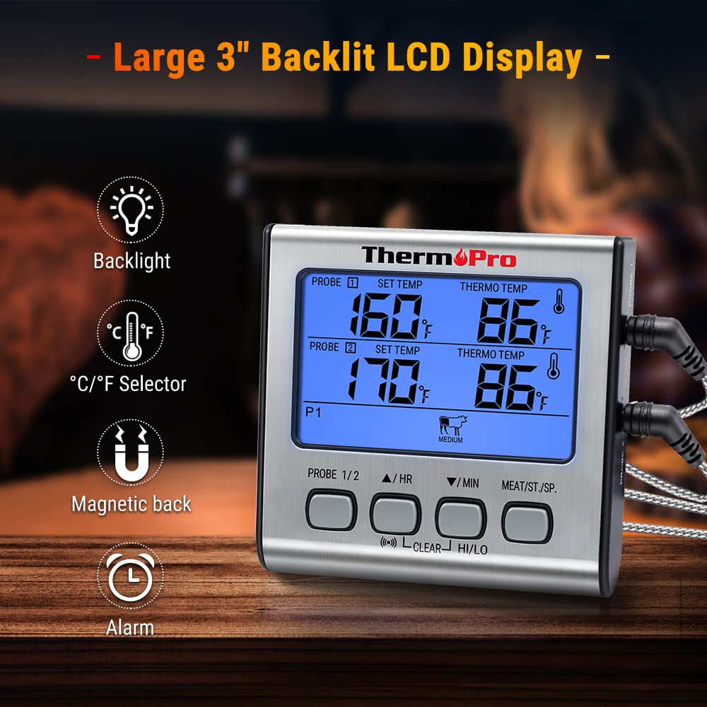 ThermoPro TP17 Dual Probe Digital Cooking Meat Thermometer Large LCD Backlight Food Grill Thermometer with Timer Mode for Smoker Kitchen Oven BBQ, Silver