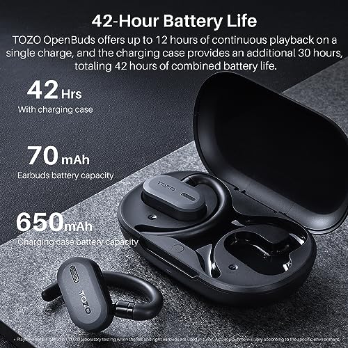 TOZO O2 True Open Ear Wireless Headphones Lightweight with Multi-Angle Adjustment, Bluetooth 5.3 Earbuds with Dual-Axis Design for Long-Lasting Comfort, Crystal-Clear Calls for Driving, Black