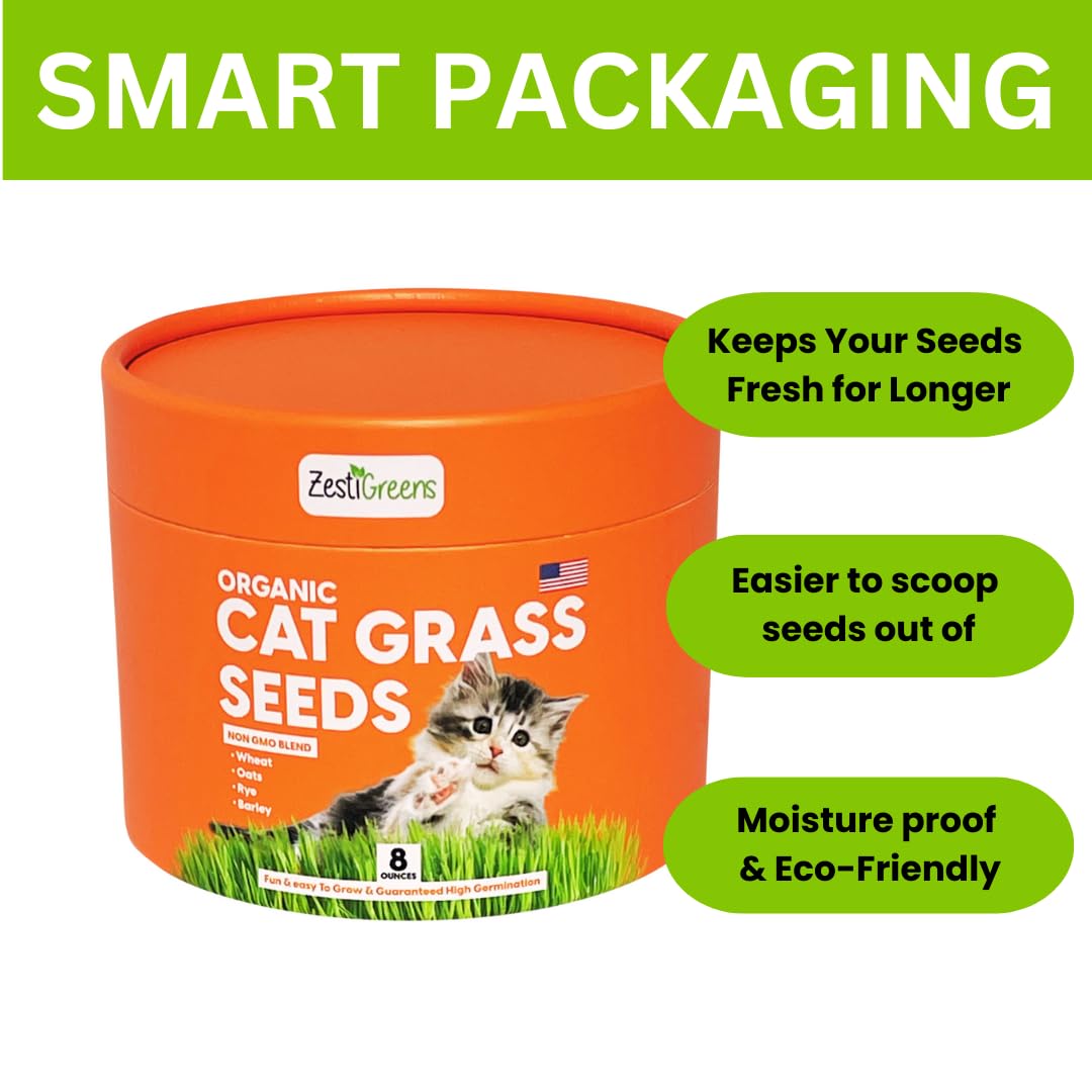 ZESTIGREENS Organic Cat Grass Seeds - Non-GMO Blend of Wheat, Oats, Rye & Barley for Indoor Cats | Seeds Come in Food Grade Container with Lid for Easier Scooping & Keeping Fresher (0.5 lb)