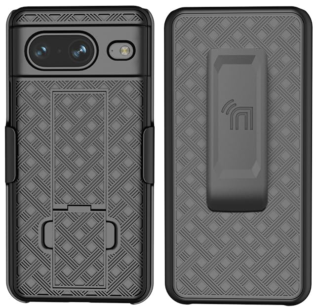 Case with Clip for Google Pixel 8, Nakedcellphone [Grid Texture] Slim Hard Shell Cover with Stand and [Rotating/Ratchet] Belt Hip Holster Holder Combo - Matte Black