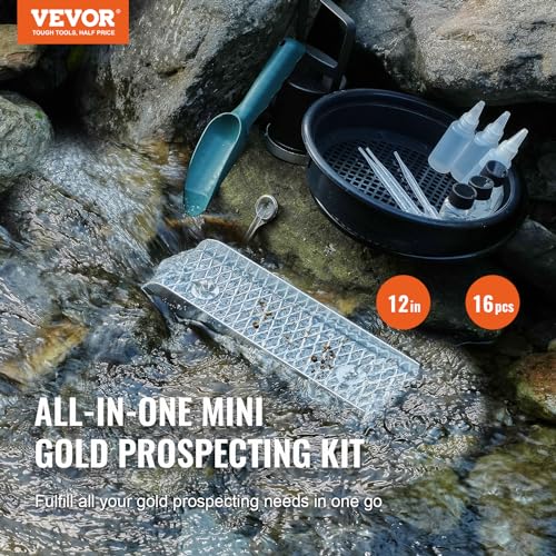 VEVOR Mini Sluice Box Gold Panning Kit, 12" Aluminum Alloy Gold Mining Equipment, 16 PCS Gold Prospecting Kit with Gold Pan, Classifier Screen, Separating Magnet, Drawstring Backpack and More