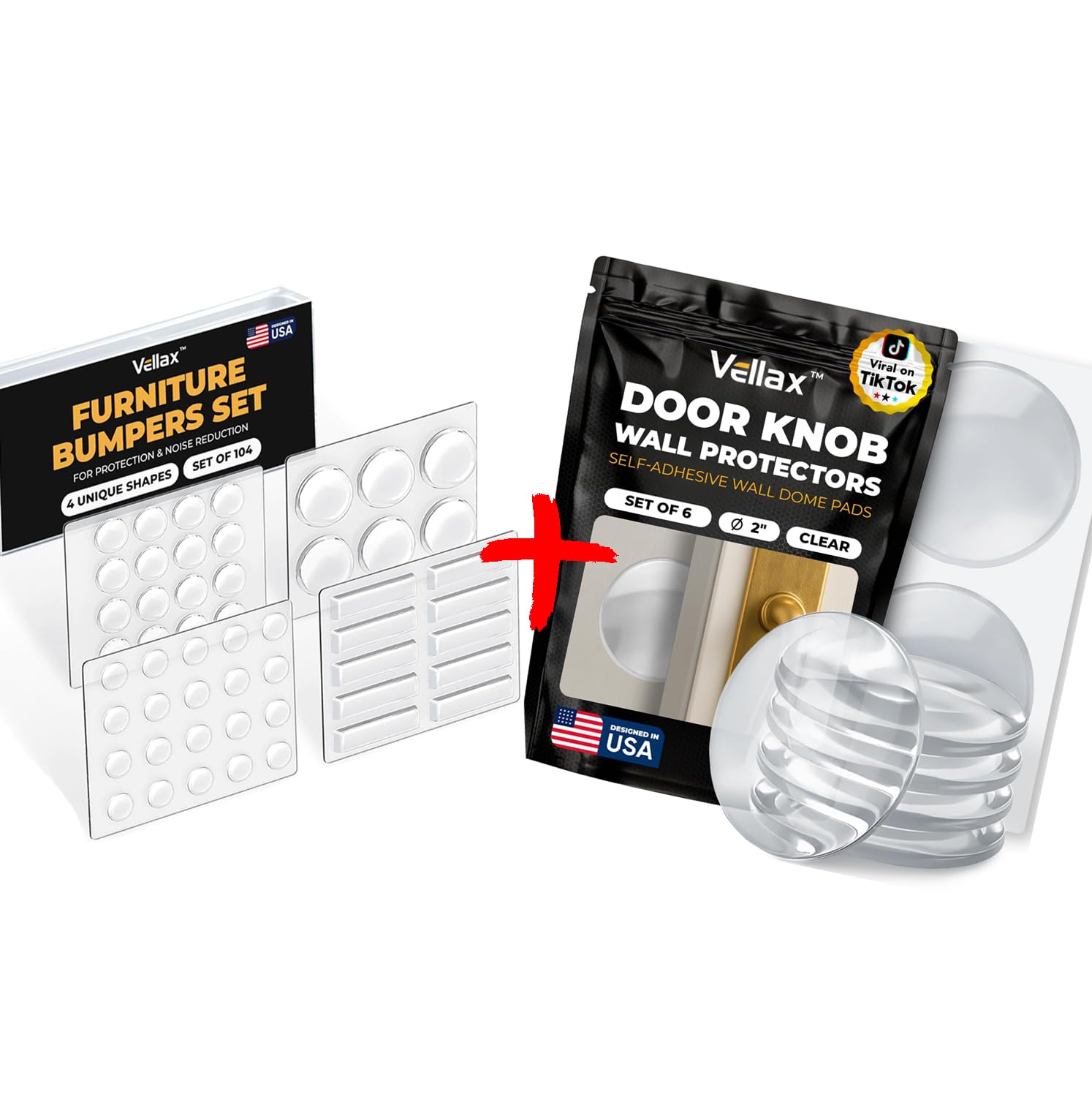 Vellax Large 2" Door Knob Wall Protectors & 104 Clear Cabinet Bumper Pads - Self-Adhesive Silicone Buffer Set with 4 Shapes for Doors, Drawers & Furniture – Sound Dampening & Surface Protection