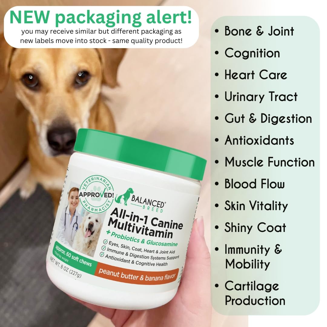 Balanced Breed All-in-1 Dog Multivitamin Chewable Made In USA Non-GMO Vet-Pharmacist Approved Glucosamine Dogs Multi Vitamins Omegas Supplement Dog Probiotics Dogs Digestive Health Senior Dog Vitamins