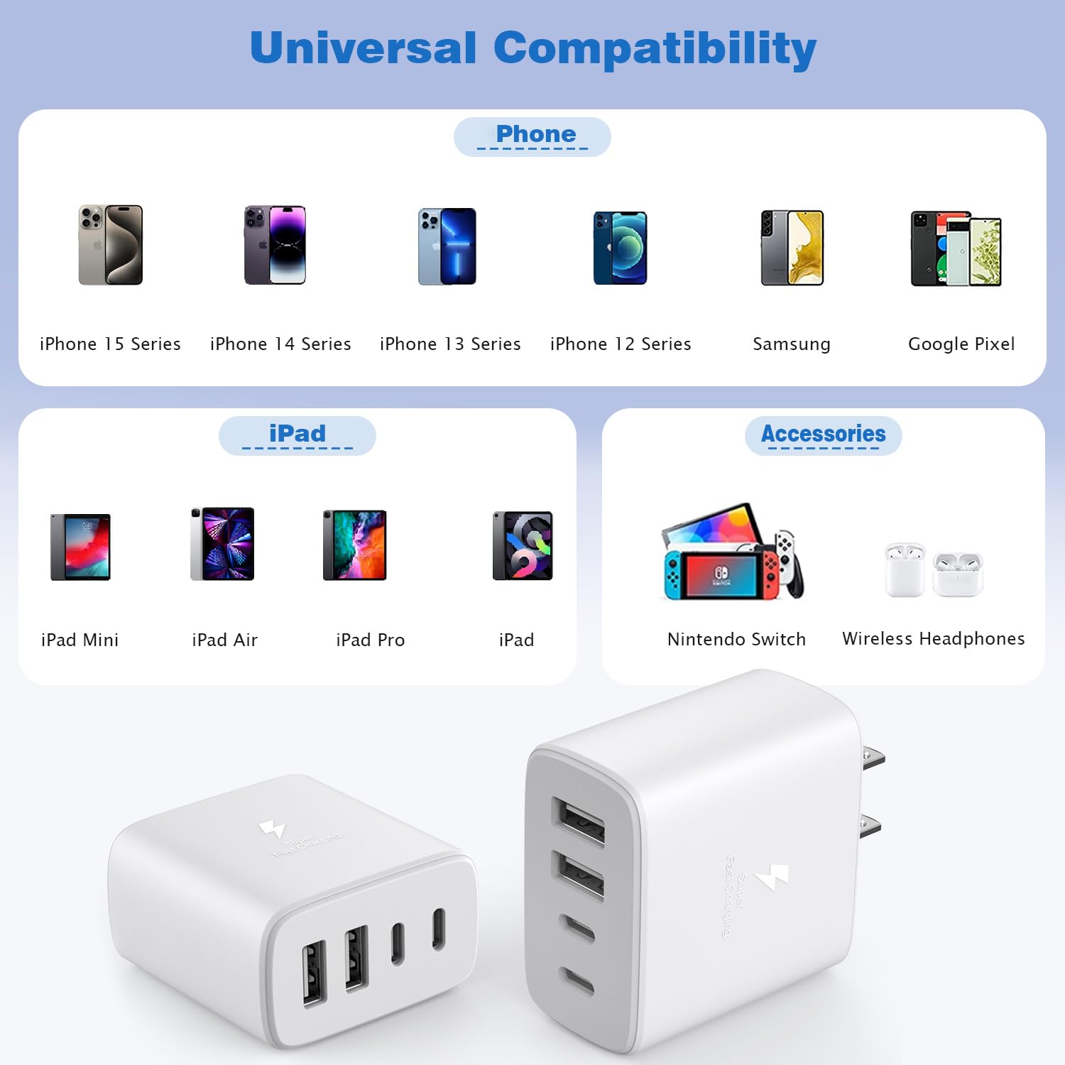 iPhone 16 Charger Cube Block,40W 2Pack 4Port PD USB C Charger Block Power Adapter+QC Wall Charger Plug Fast Charging Block Multiport Brick for iPhone 16 Pro Max/iPhone 15/14/13/12/iPad Pro/Air/Samsung