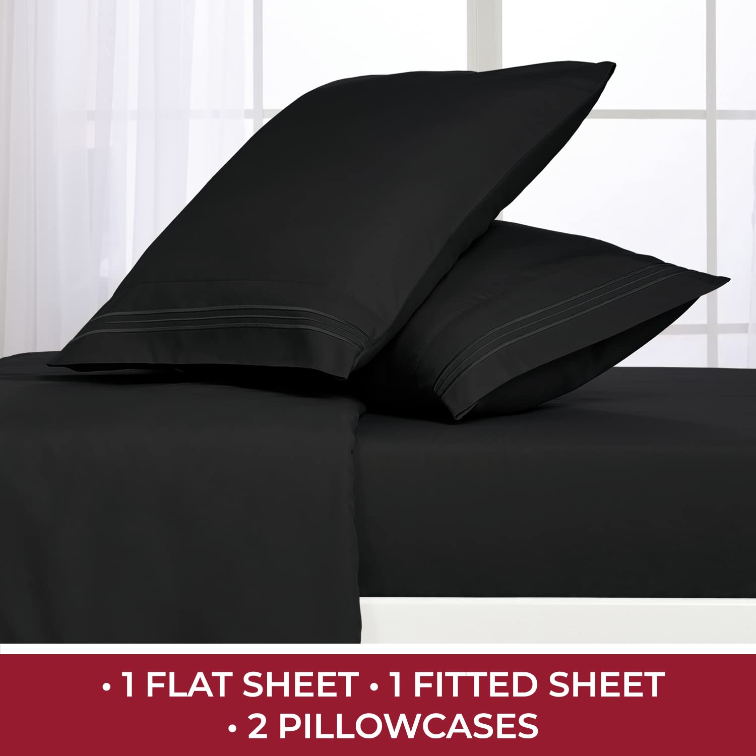 Mellanni Bed Sheet Set + 2 Pillow Shams Bundle&Save - Hotel Luxury Bedding Sheets & Pillowcases - Bundle Includes: 4pcs Bed Sheet Set and 2 Pillow Shams with 2" Flange (Queen/Standard, Black)