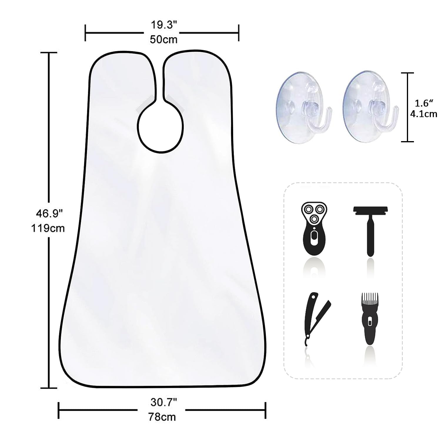 Beard Bib Apron for Men, Gift Beard Trimming Catcher Bib for Shaving & Hair Clippings, Waterproof Non-Stick Hair Catcher Grooming Cloth with 2 Suction Cups(White)