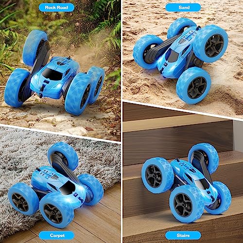 QUNREDA Remote Control Car, RC Cars Toys for Kids Ages 6-12, 4WD Stunt Car with LED Lights & 360° Flips, 2.4GHz, Upgraded USB-C Modular Batteries, for 8-10 Year Old Boys 1-Blue