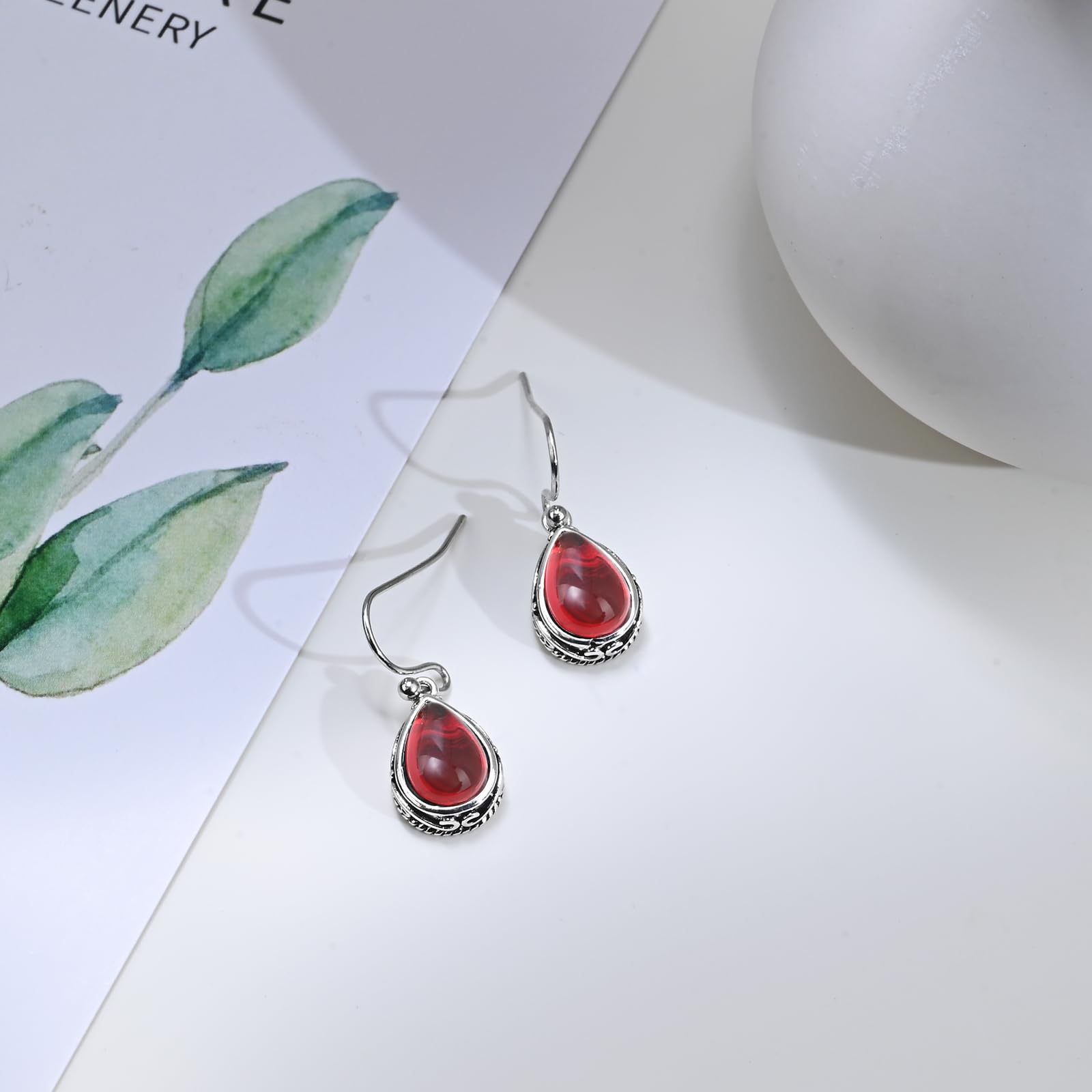 Ruby Drop Dangle Earrings Silver Teardrop Vintage Earrings Red Crystal Hanging Earrings Birthstone Earrings for Women Girls