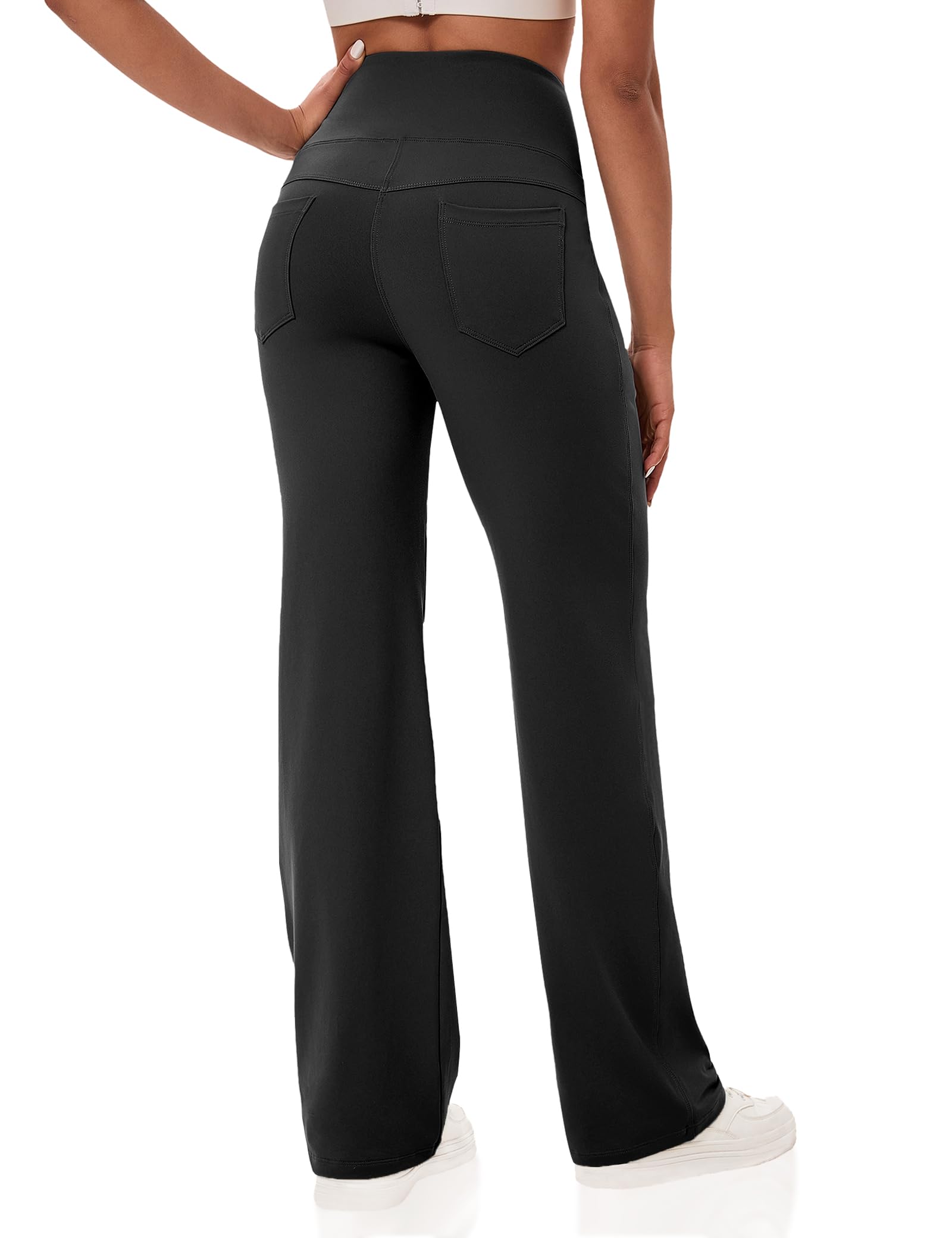 VOOVEEYA Yoga Pants Women with Pockets, Straight Wide Leg Pants High Waisted Work Dress Pants Petite/Regular/Tall (Black-L)