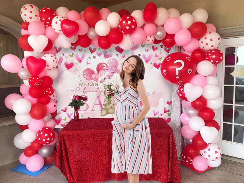 Avezano Bear Baby Shower Backdrop for Girl Pink Hearts Balloons Bear Theme Baby Shower Photo Background We Can Bearly Wait Baby Shower Party Decorations (7x5ft)