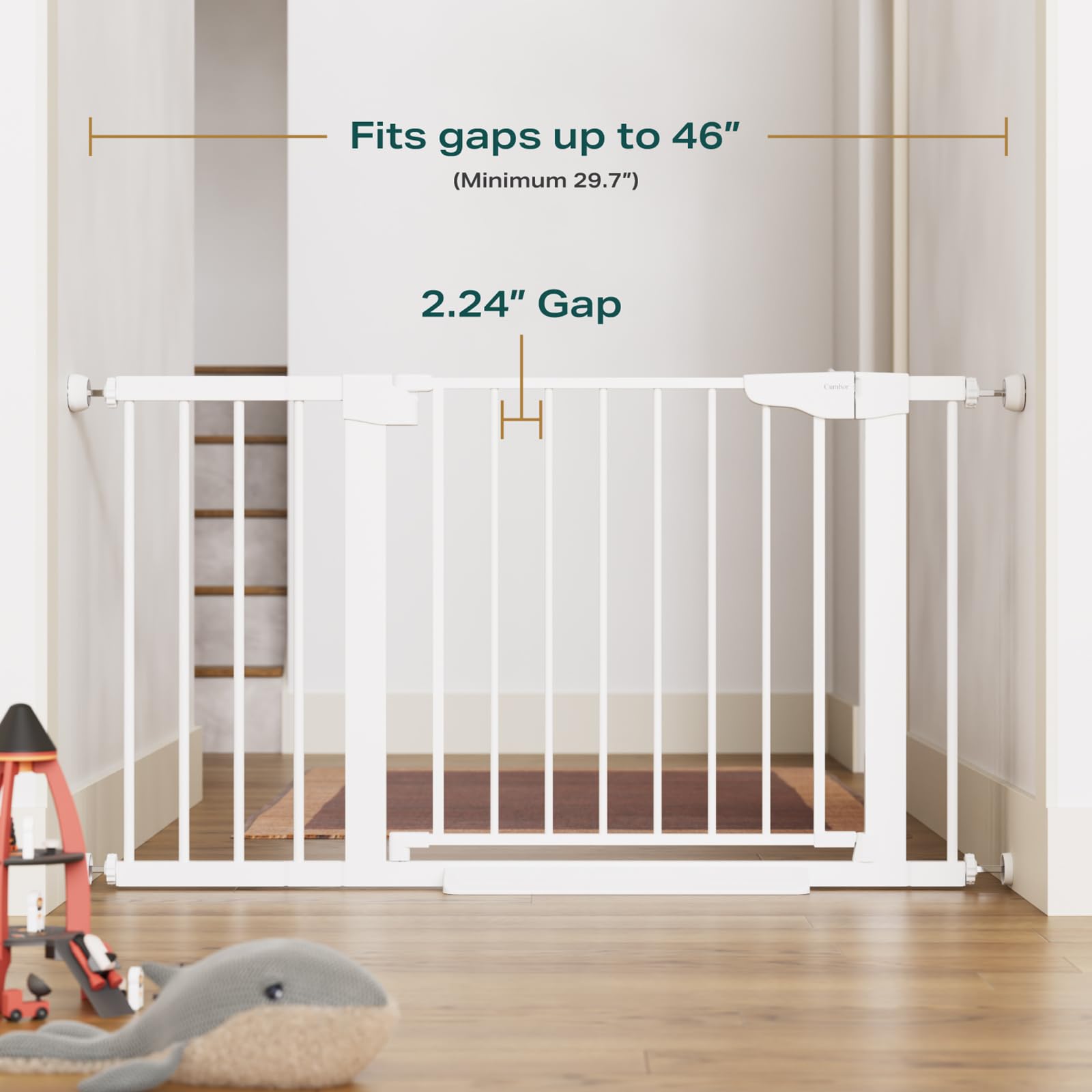 Cumbor 29.7-46" Baby Gate for Stairs, Toddler Safety Essentials for The House, Auto Close Dog Gate for Doorways, Mom's Choice Awards Winner-Easy Install Pressure Mounted Pet Gates for Dogs, White