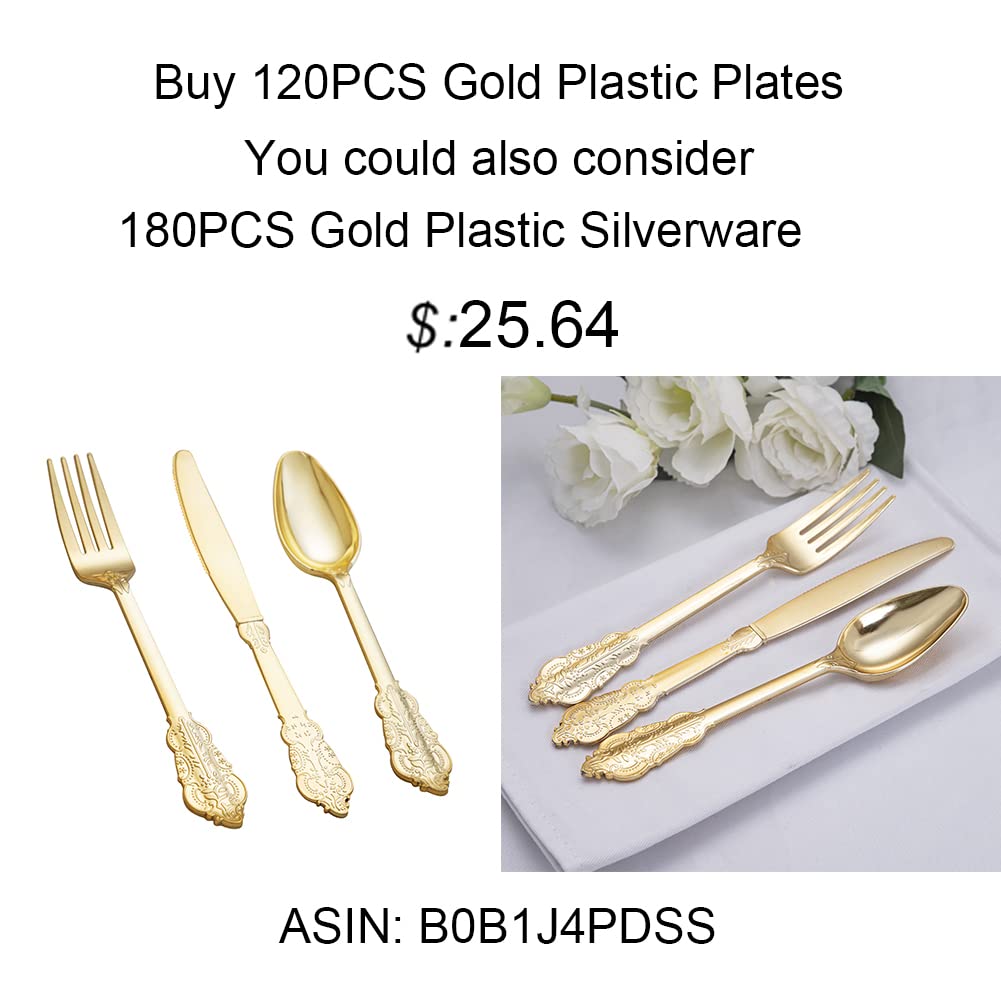 NOCCUR 120PCS Gold Plastic Plates Disposable for 60 Guests - Include 60 Dinner / 60 Dessert Plates Heavy Duty for Wedding&Party