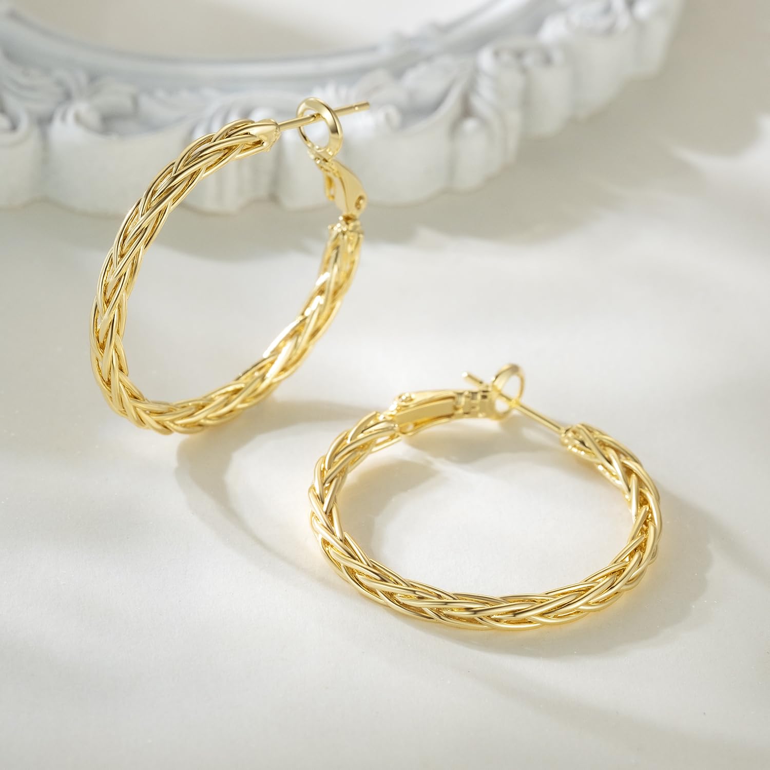 Gold Hoops 14K Gold Hoop Earrings for Women Unique Gold Hoops Gold Earrings Hoops Trendy Fine Weave Design 14K Gold Earrings Women Jewelry 30MM