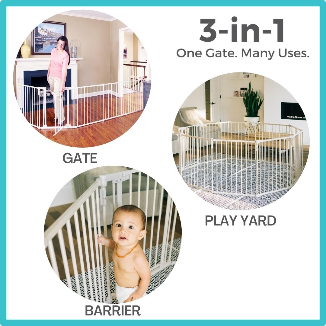 Toddleroo by North States 3 in 1 Metal Superyard 8 Panel Play Yard, Baby Gate, Playpen or Extra Wide Baby Fence, 199" Wide. Wall Mount Kit Included. 19 sq ft play yard (30" tall, Taupe)