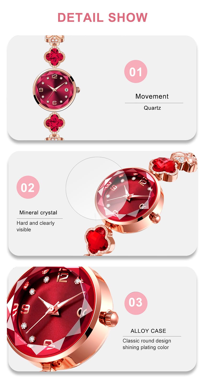 BESTKANG Women's Bracelet Watch Women Luxury Dress Ladies Stainless Steel Luminous Waterproof Date Wrist Watches (Red)