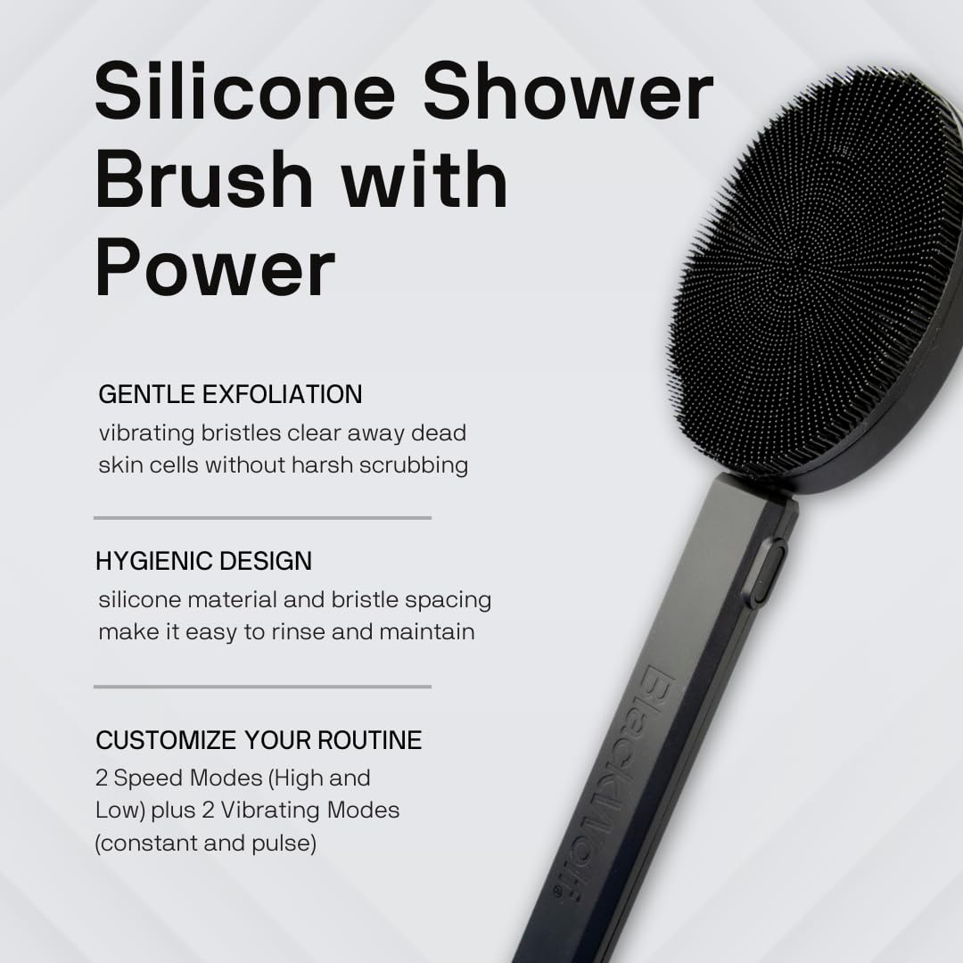 Black Wolf Vibrating Shower Brush for Face, Back & Body, Sonic Scrubber Pro - Water Resistant, 4 Settings, 2 Speeds & 2 Modes, Massage Brush with Charcoal Infused Silicone Bristles for Deep Clean