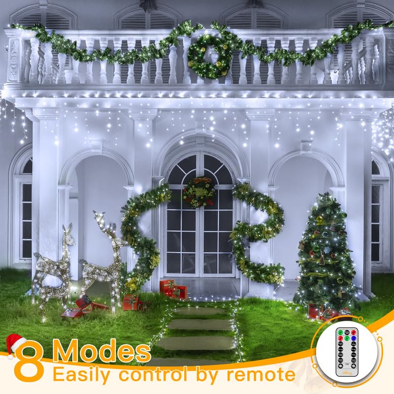 Ollny Icicle Lights for Outside 396LED 32FT, Cool White Christmas Light with Remote 8Modes Timers Waterproof, Plug in Connectable Hanging Lights for Outdoor Indoor House Roof Holiday