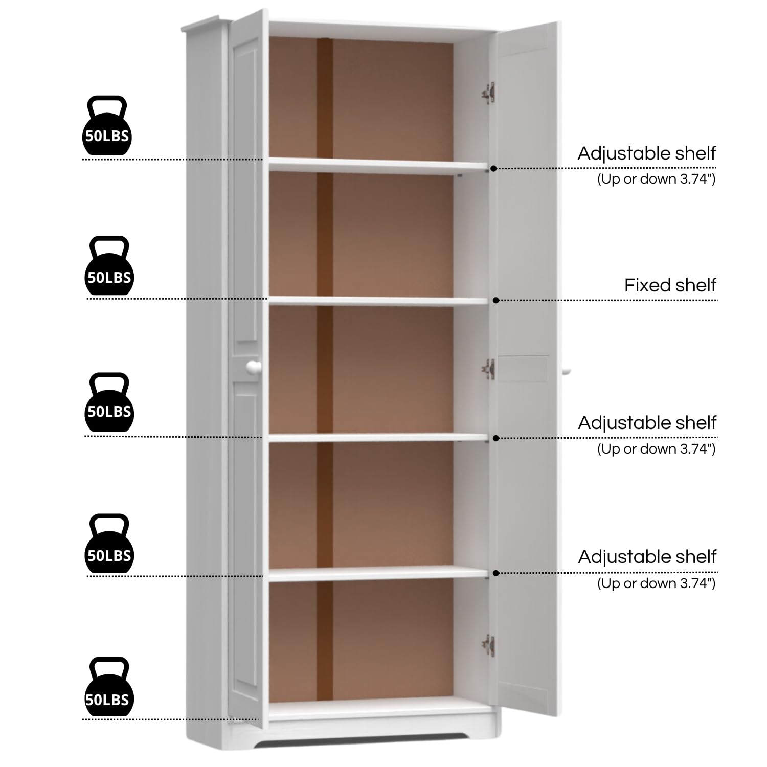 From the Tree Furniture Pantry Cabinet Storage Cabinet with 2 Doors Solid Wood - Adjustable Shelves for Kitchen, Dining Room, or Utility Room Organization