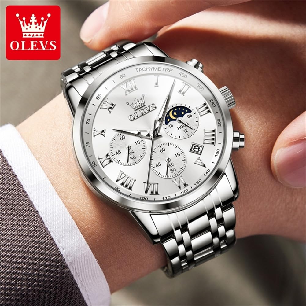 OLEVS Men Analog Quartz Watches Fashion White Dial Watches for Men Chronograph Watches Sliver Stainless Steel Watches Men Day Date Watches Mens Waterproof Watches Roman Numerals Watches Luxury