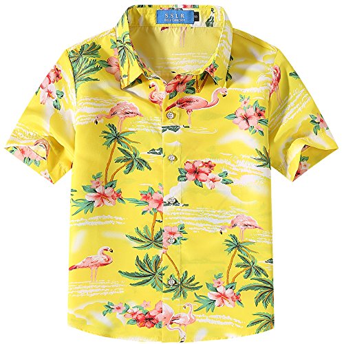 SSLR Big Boys Hawaiian Shirt Kids Flamingos Shirt Short Sleeve Luau Shirt (X-Small, Pink and Green)