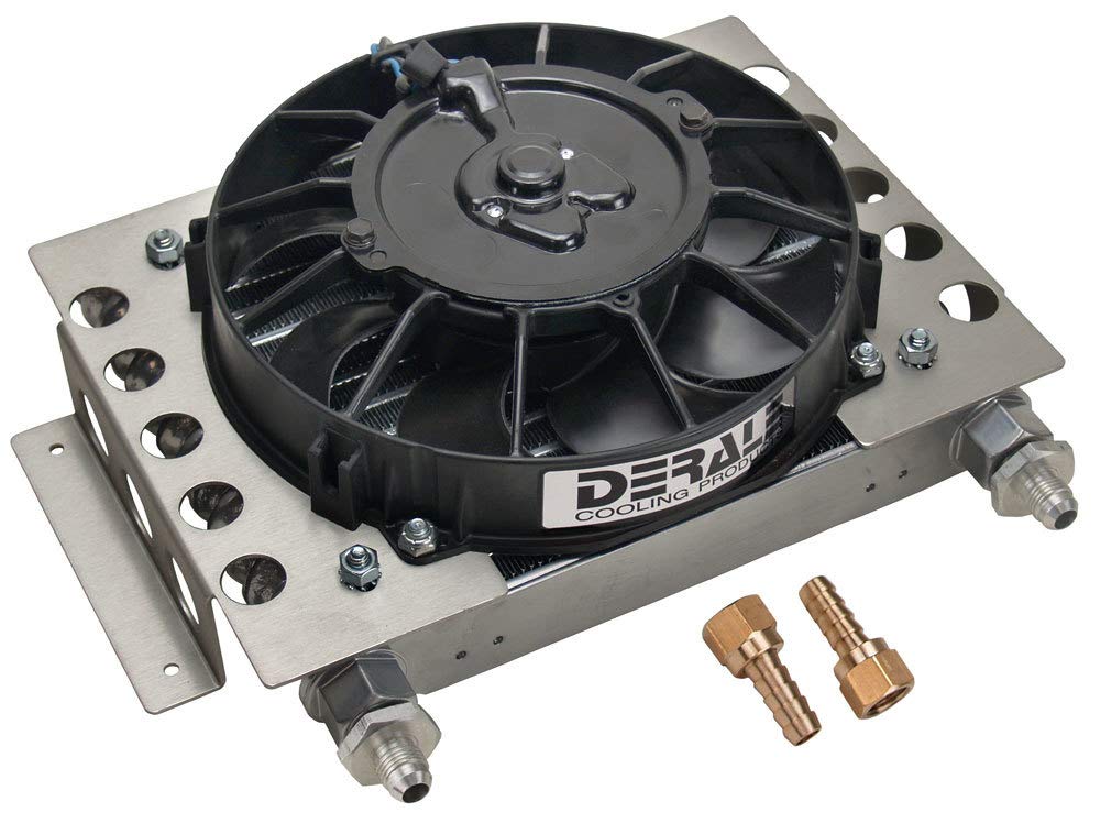 Derale Performance Fluid Cooler and Fan, 12.75 x 9.375 x 4.313 in, Plate and Fin Type, 5/8-18 in Female O-Ring Inlet/Outlet, 6 AN Male Adapters, Fittings, Aluminum, Black Powder Coat, Universal