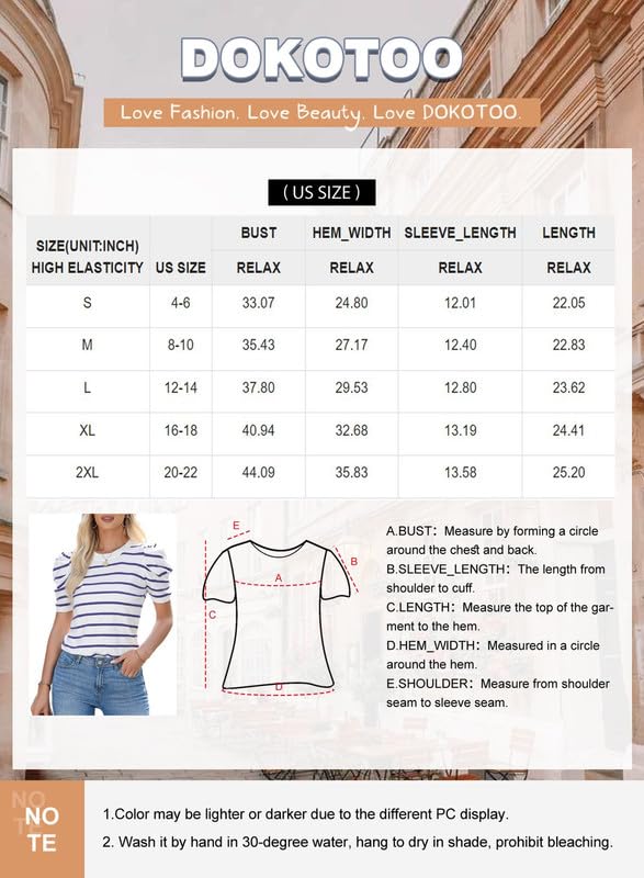 Dokotoo Striped Tops for Womens 2025 Trendy Cute Crewneck Puff Short Sleeve Casual Tops Apricot Stripe Oversized Blouses for Working Outgoing Spring Outfits Summer Clothes Large