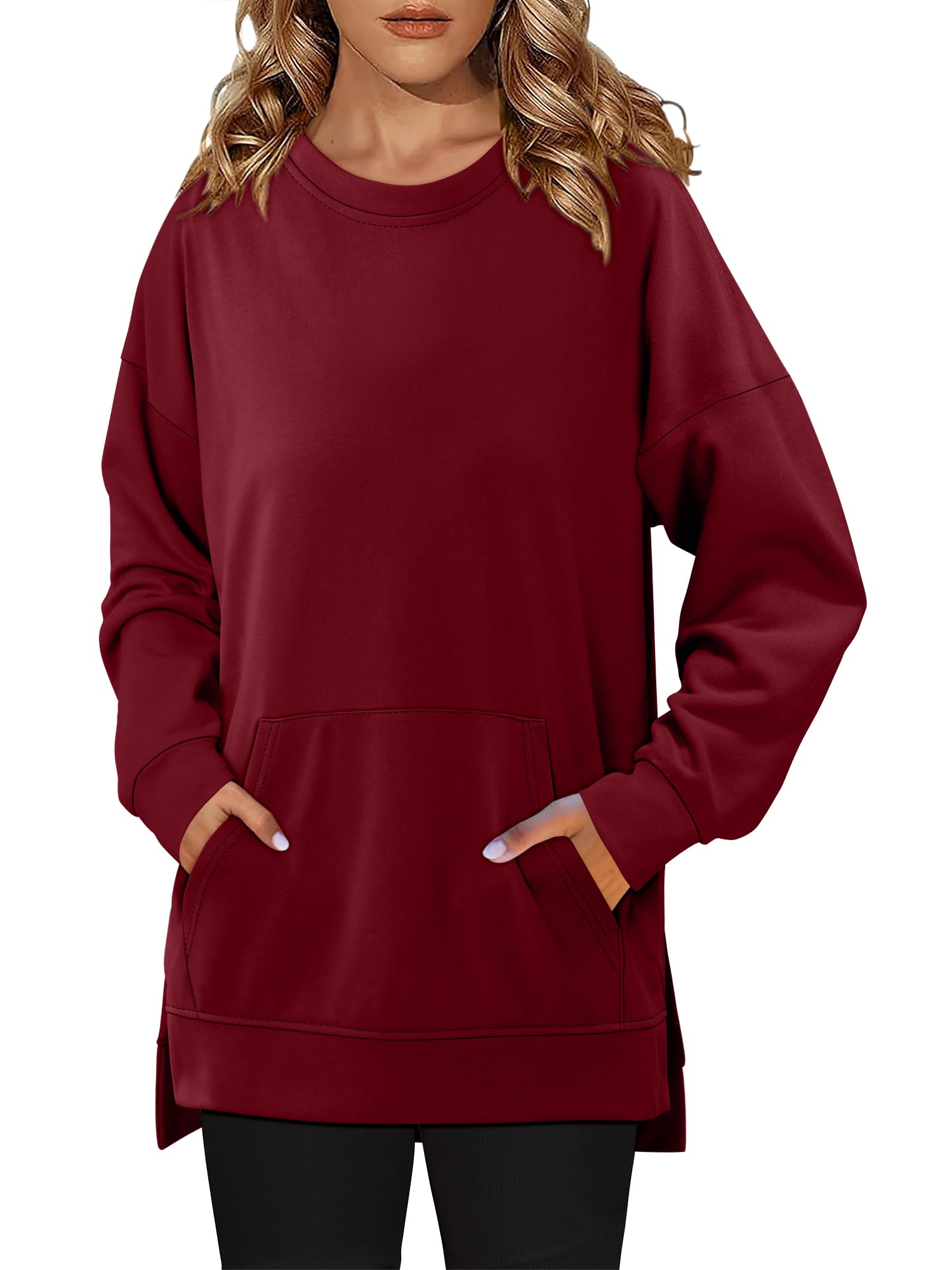 BETTE BOUTIK pocket Sweatshirt Womens Tops and Blouses Long Tops with Side Slits for Women Long Sleeve Sweatshirts WineRed Medium
