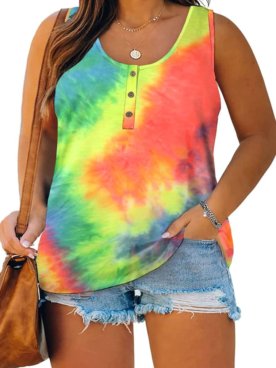 Plus Size Tank Tops for Women Summer Sleeveless Henley T-Shirts Tops Casual Tie Dye Print Tee Tunics Shirts