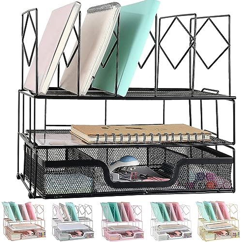 gianotter Desk Organizers and Accessories, Office Supplies Desk Organizer with Sliding Drawer, Double Tray and 5 Upright Sections (Black)