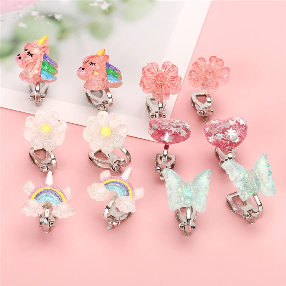 6Pairs Crystal Unicorn Clip On Earrings for Little Girls, Rainbow Earrings Butterfly Earrings Toddler Girls Dress Up Jewelry