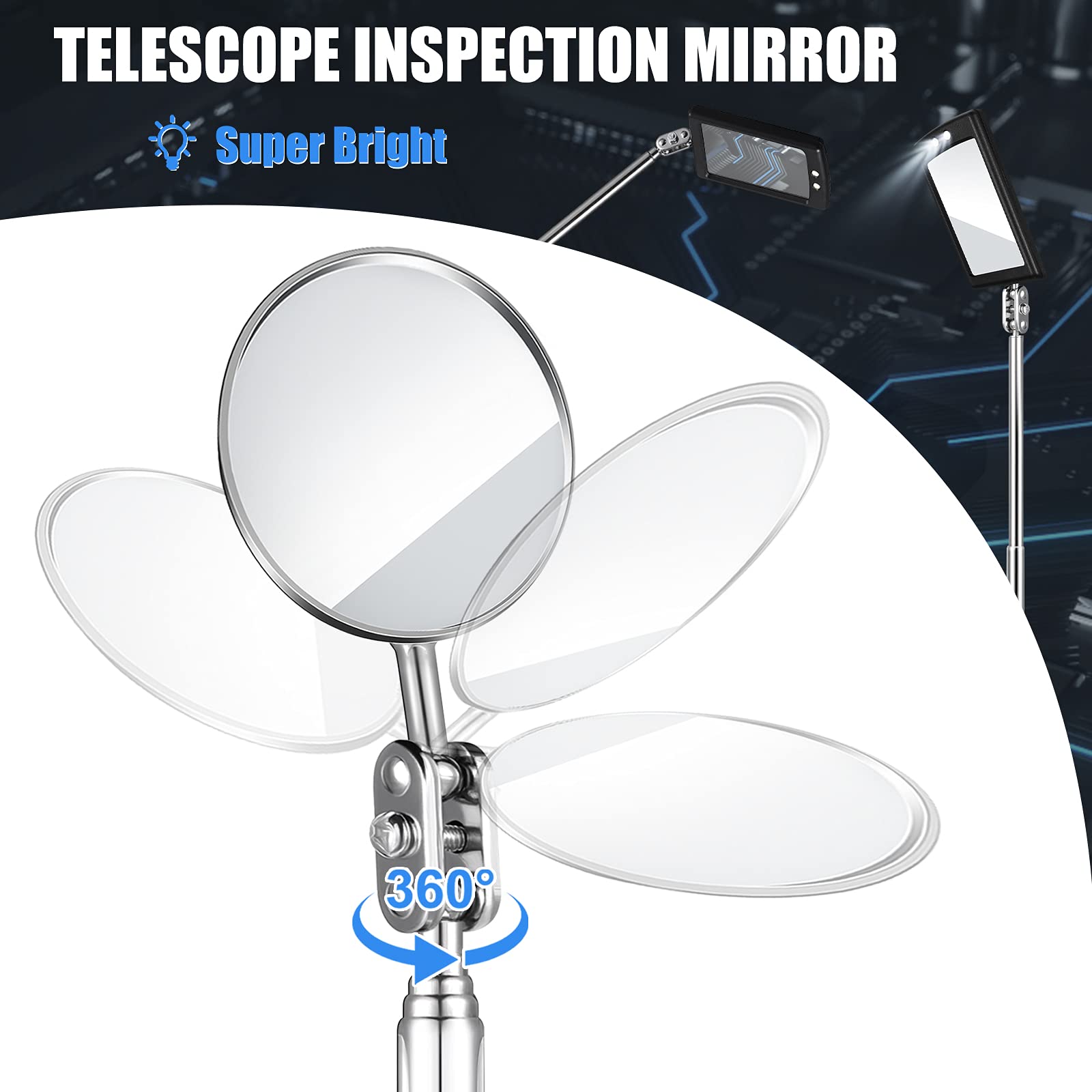 BBTO 4 Pieces Telescoping Inspection Mirror Telescoping LED Lighted Flexible Inspection Mirror Mirror Inspection Tool for Checking Observing Vehicle Small Parts (Elegant Style)
