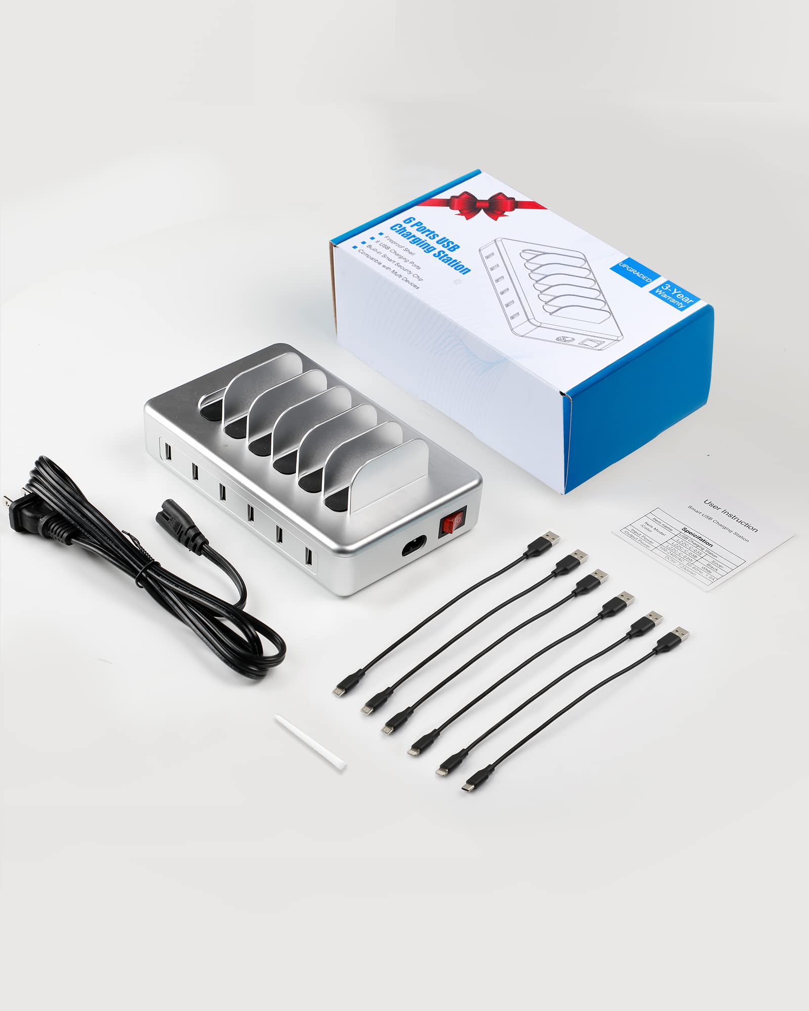 Charging Station for Multiple Devices - 6 Port Fast Charging Station for iPhone iPad Android and Tablet - Multi Charging Station - Phone Charging Station with 6 Mixed Cables Included(UL Certified)