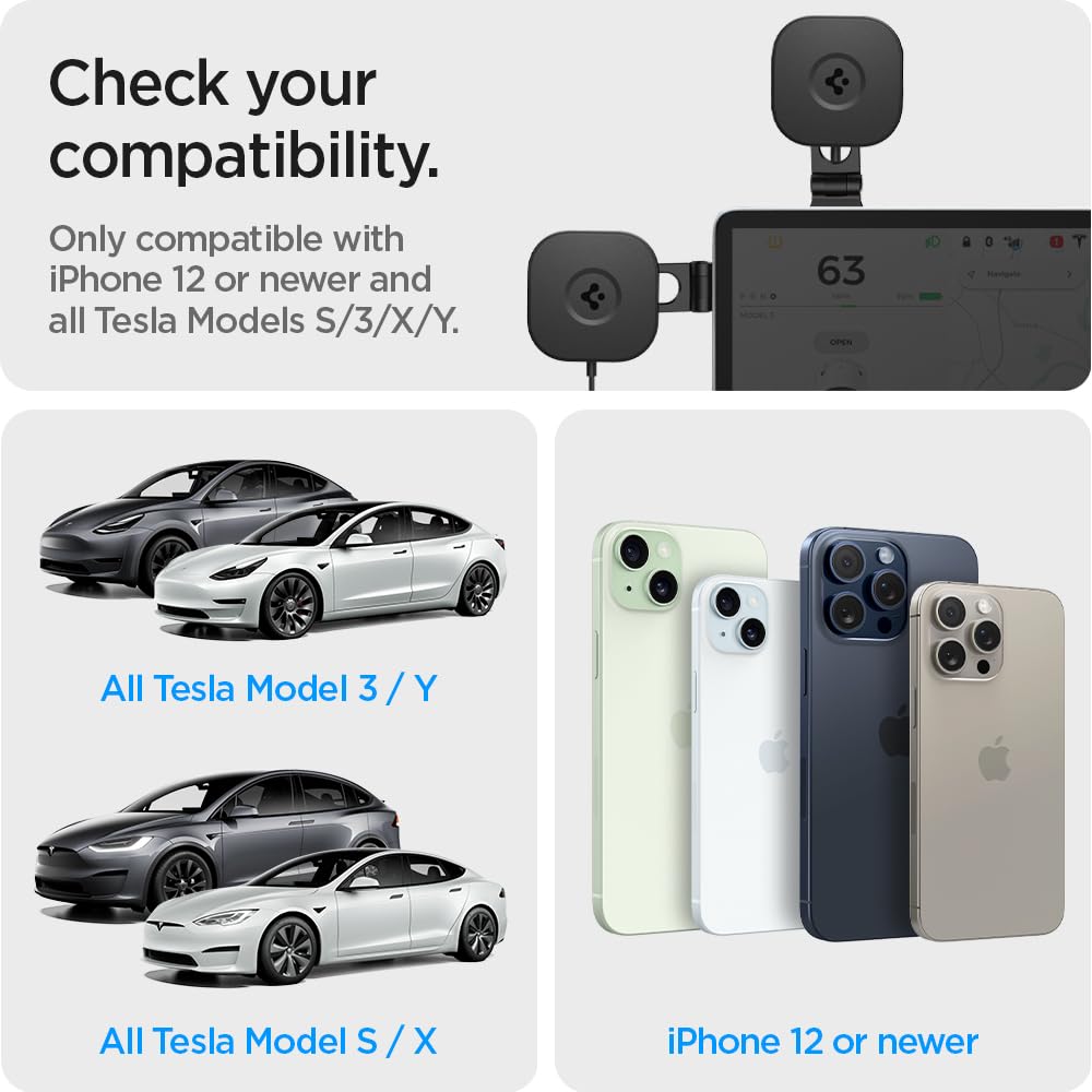 Spigen OneTap Pro 3 Tesla Phone Mount (Foladable and Hidden) for All Tesla Model Y/3/S/X/Cybertruck with Charging- Designed for MagSafe Compatible iPhones, Pixel, Galaxy Phones
