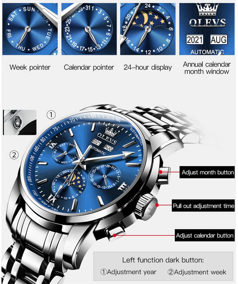 OLEVS Mens Automatic Watches Self Winding Mechanical Dress Wrist Watch Multifunction Calendar Waterproof Luminous