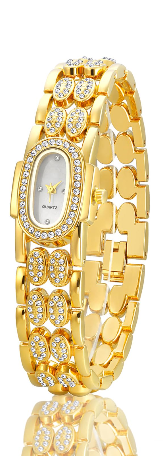 BESTKANG Dainty Watches for Women Vintage Rhinestone Bracelet Wrist Watch Luxury Small Ladies Oval Quartz Watch (Gold White)